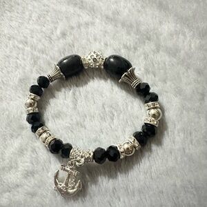 Black Beaded Stretch Bracelet with Silver Anchor Charm